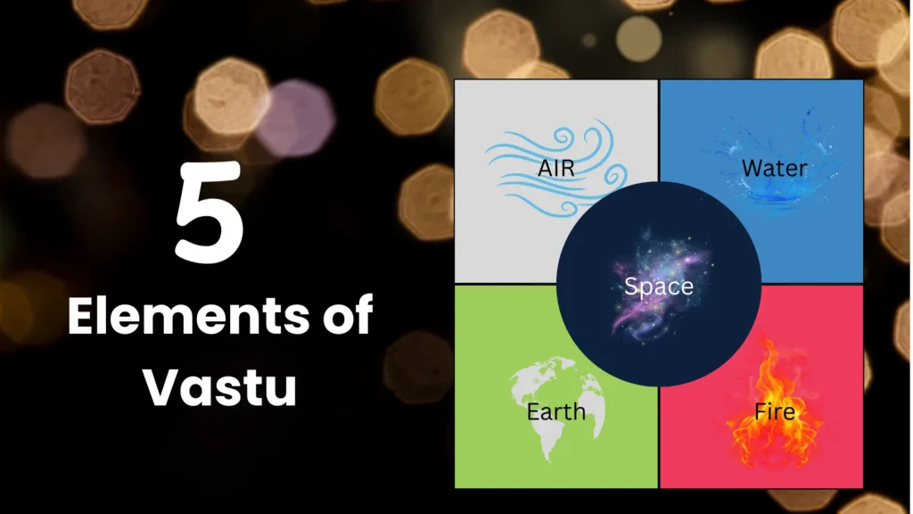 A graphic titled "5 Elements of Vastu" shows five colorful sections representing the elements: Air, Water, Earth, Fire, and Space. Background features soft golden bokeh lights.