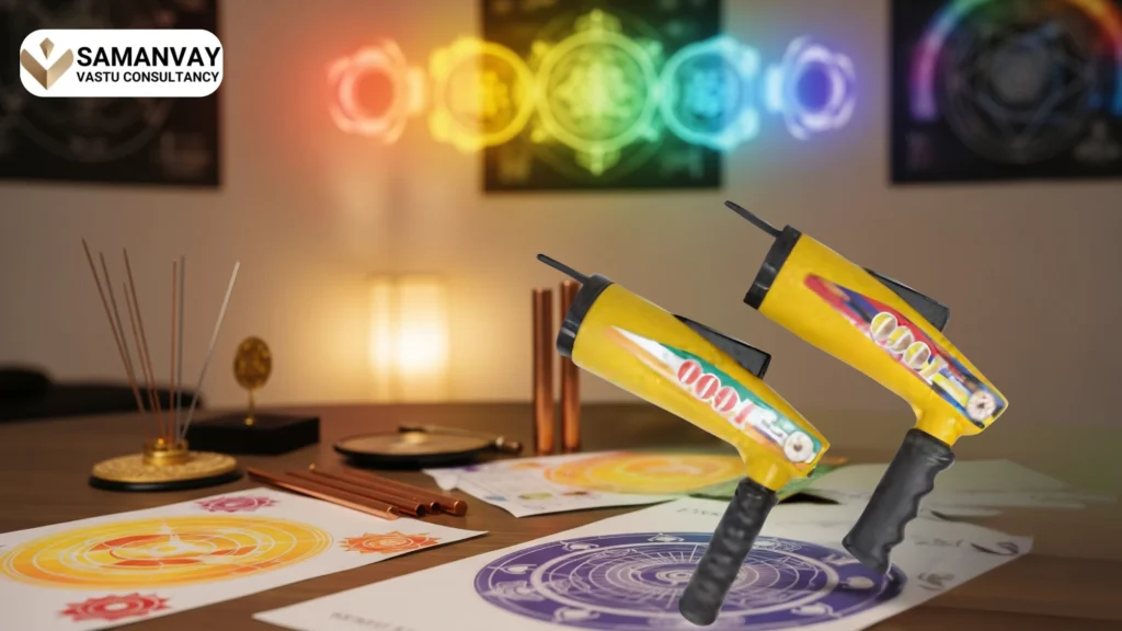 Aura scanners placed on a Vastu setup table with chakra charts and healing tools, showcasing modern tools for aura scanning and energy analysis.