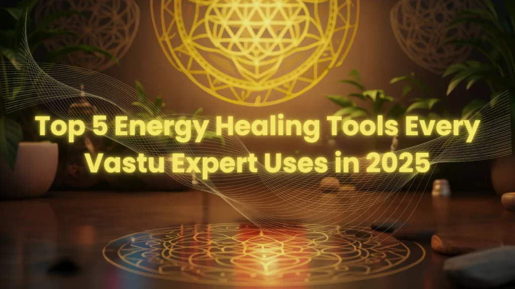 A peaceful setup with sacred symbols and healing stones, highlighting top energy healing tools used by Vastu experts in 2025.