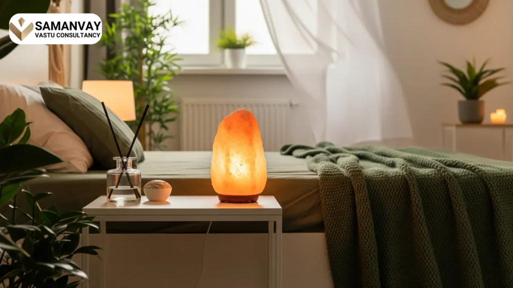 A glowing Himalayan salt lamp on a bedside table, enhancing the room's Vastu energy with a cozy and calming ambiance.