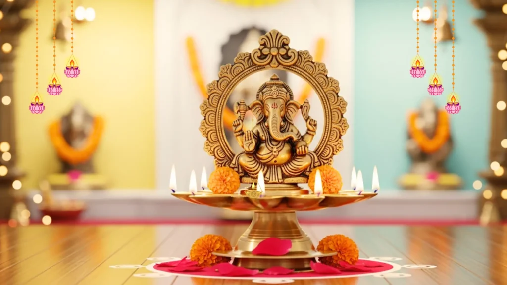 Beautifully lit pooja room with vastu-approved lights and colours; warm tones and soft lighting enhance spiritual ambiance.