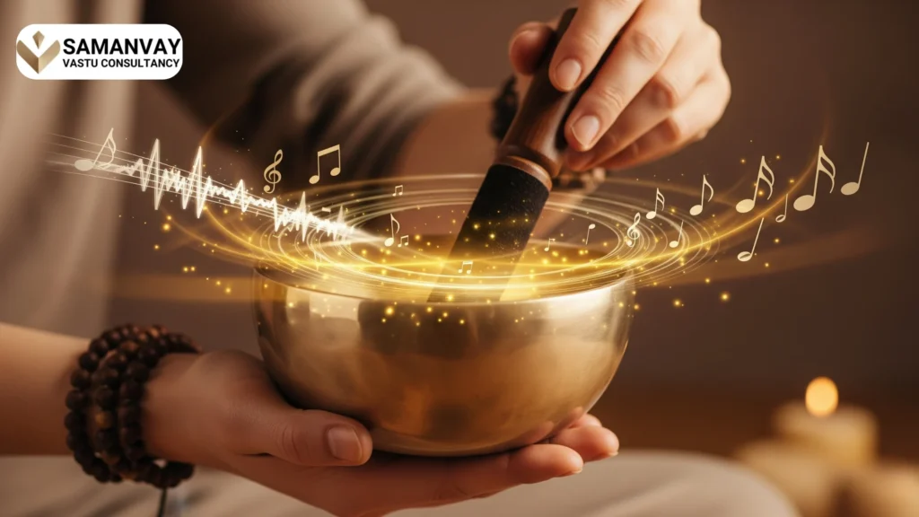 A person using a singing bowl for sound healing, with musical notes and energy waves symbolizing vibrational therapy in a calming space.
