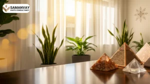 A collection of Vastu pyramids made of crystals and metals placed on a table, enhancing positive energy flow in a sunlit room with indoor plants.
