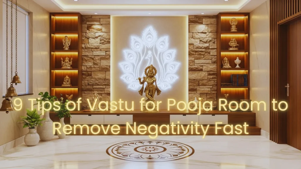 Vastu for pooja room with deity statue, glowing shelves, hanging bells, and warm ambient lighting for positivity.