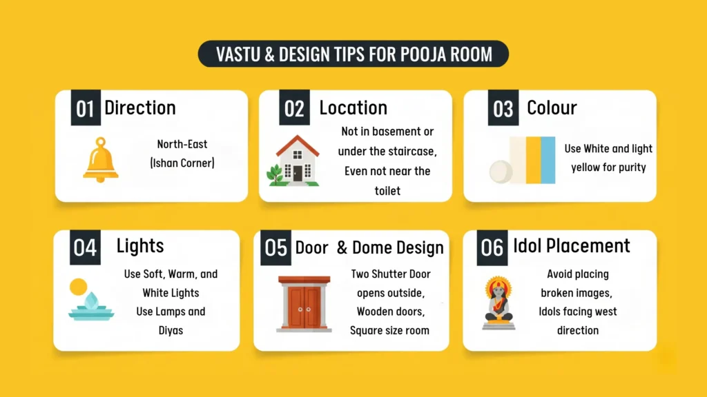Pooja room vastu tips with ideal direction, colors, lighting, door design, and idol placement for positive energy.